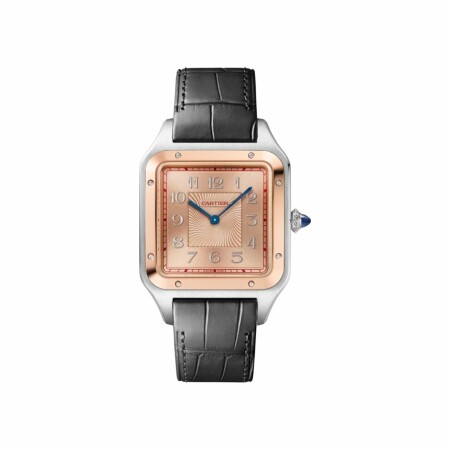 Montre Santos-Dumont Modèle extra-large, mouvement mécanique manuel, or rose , acier, cuir, édition limitée de 500 pièces