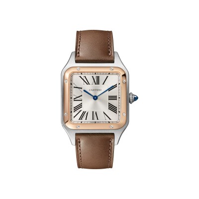 Montre Santos-Dumont de Cartier Grand modèle, mouvement quartz, or rose, acier, cuir