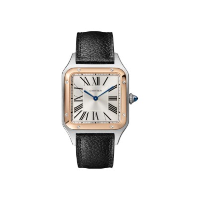 Montre Santos-Dumont de Cartier Grand modèle, mouvement quartz, or rose, acier, cuir