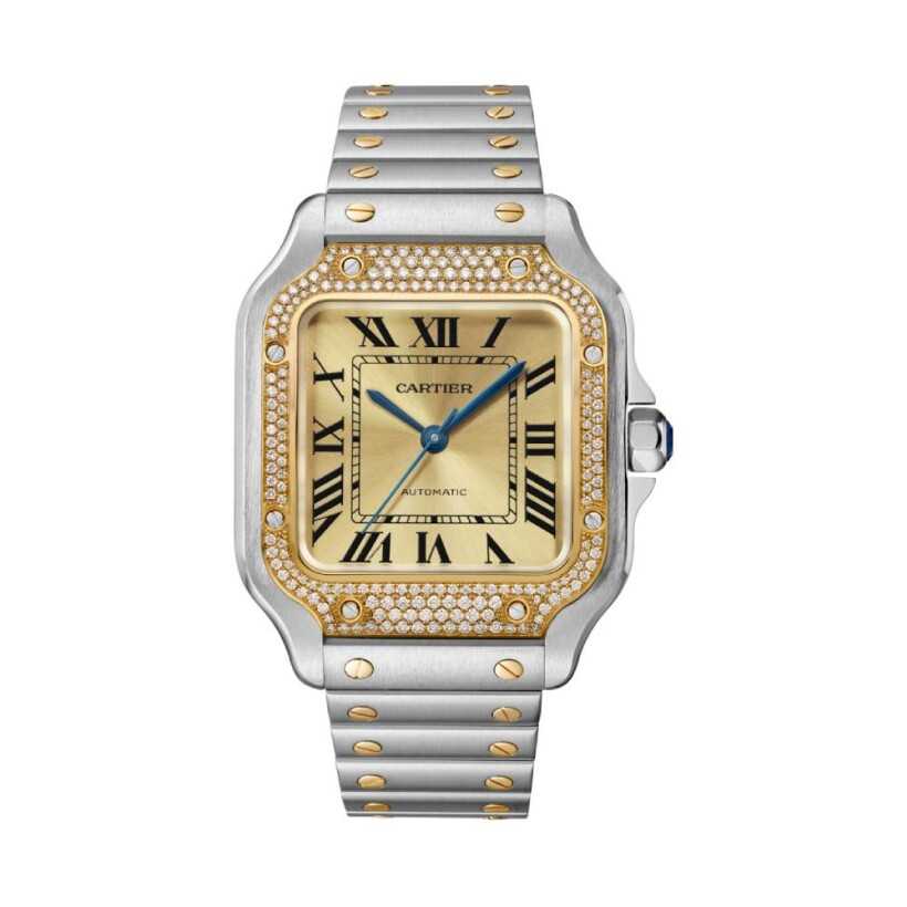 Santos de Cartier watch, Medium model, automatic movement, yellow gold, steel, diamonds, interchangeable metal and leather bracelets