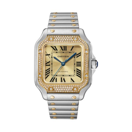 Santos de Cartier watch, Medium model, automatic movement, yellow gold, steel, diamonds, interchangeable metal and leather bracelets