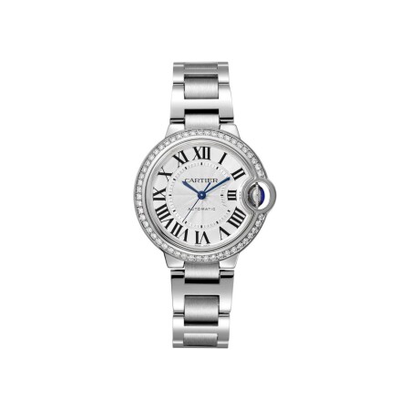 Ballon Bleu de Cartier watch 33 mm, mechanical movement with automatic winding, steel, diamonds