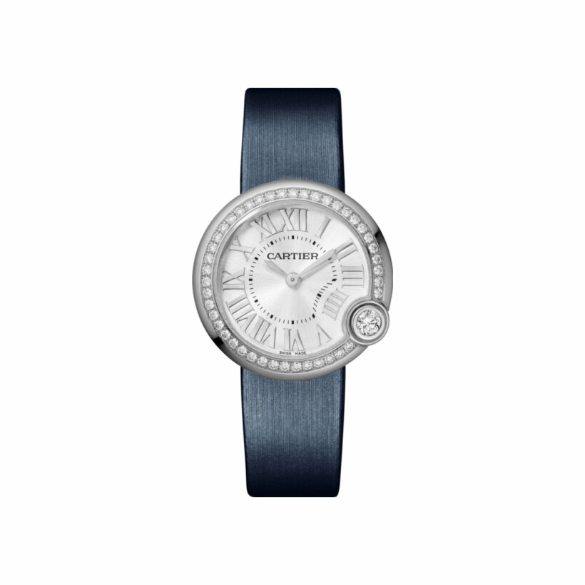 Ballon Blanc de Cartier watch, 30 mm, steel, diamonds, leather