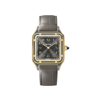 Montre Santos-Dumont de Cartier Grand modèle, mouvement manuel, or jaune, cuir