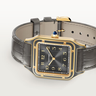 Montre Santos-Dumont de Cartier Grand modèle, mouvement manuel, or jaune, cuir