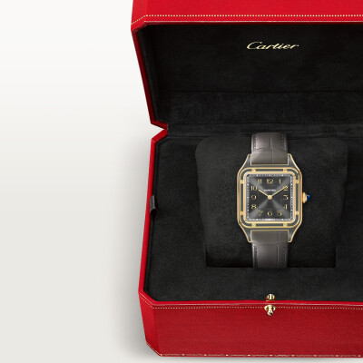 Montre Santos-Dumont de Cartier Grand modèle, mouvement manuel, or jaune, cuir