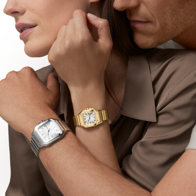 Montre Santos de Cartier Petit modèle, mouvement quartz, or jaune, bracelets métal et cuir interchangeables