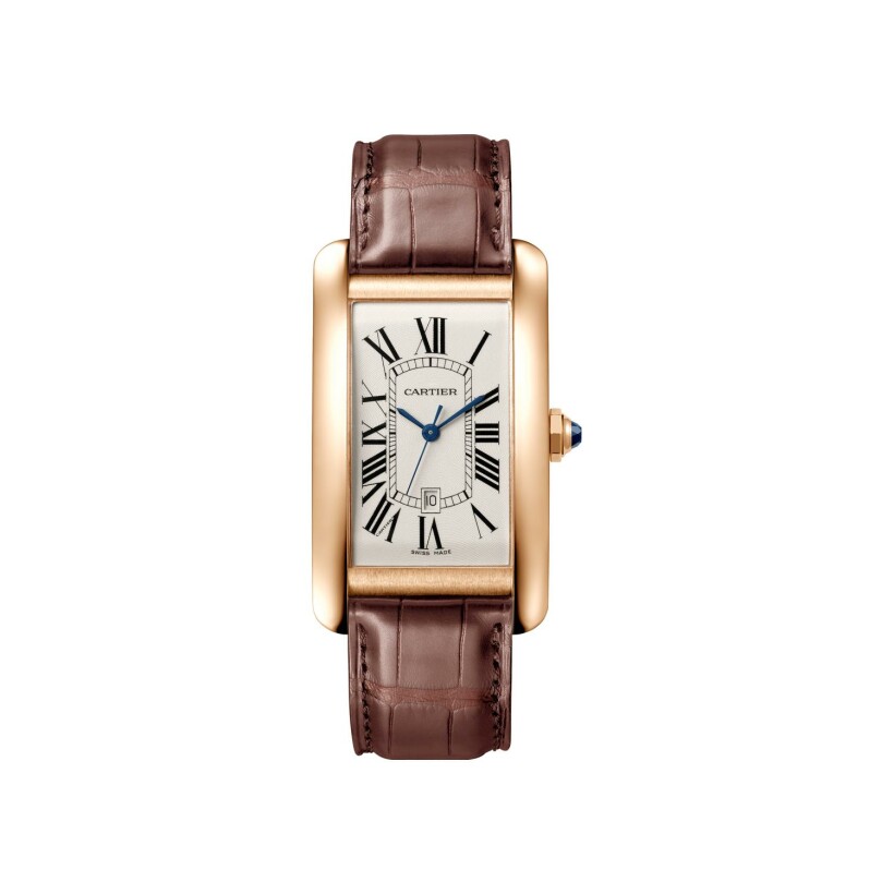 Tank Américaine watch, Large model, automatic movement, rose gold, leather