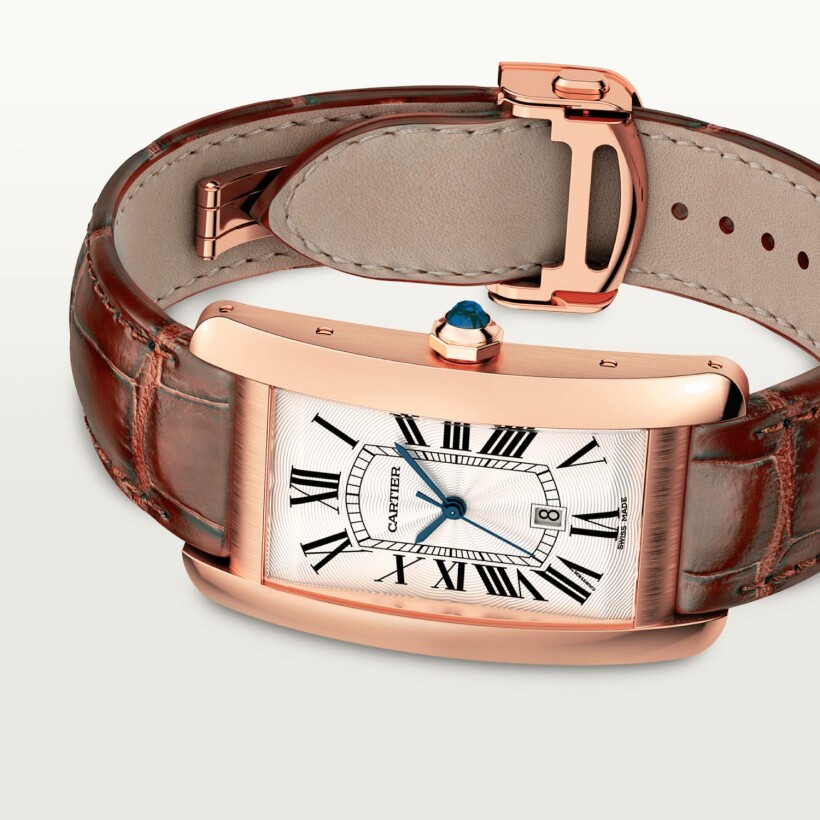 Tank Américaine watch, Large model, automatic movement, rose gold, leather