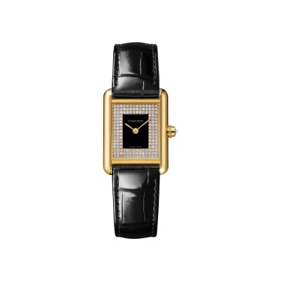 Montre Tank Louis Cartier Petit modèle, mouvement quartz, or jaune, diamants, cuir