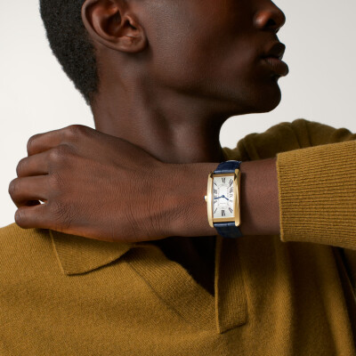 Tank Américaine watch, Large model, automatic movement, yellow gold, leather