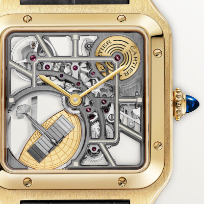 Montre squelette Santos-Dumont équipée d’un micro-rotor de Cartier Grand modèle, mouvement automatique squelette, or jaune, 2 bracelets cuir