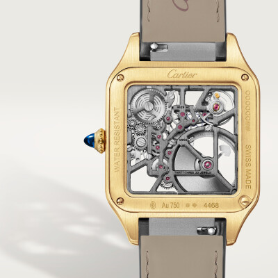 Montre squelette Santos-Dumont équipée d’un micro-rotor de Cartier Grand modèle, mouvement automatique squelette, or jaune, 2 bracelets cuir