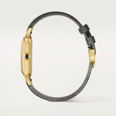 Montre squelette Santos-Dumont équipée d’un micro-rotor de Cartier Grand modèle, mouvement automatique squelette, or jaune, 2 bracelets cuir