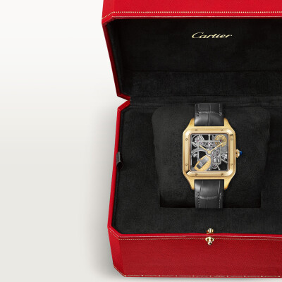Montre squelette Santos-Dumont équipée d’un micro-rotor de Cartier Grand modèle, mouvement automatique squelette, or jaune, 2 bracelets cuir