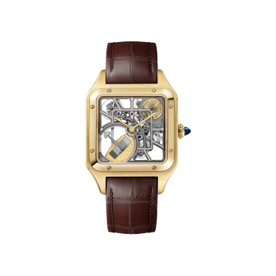 Montre squelette Santos-Dumont équipée d’un micro-rotor de Cartier Grand modèle, mouvement automatique squelette, or jaune, 2 bracelets cuir