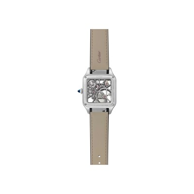 Montre squelette Santos-Dumont équipée d’un micro-rotor de Cartier Grand modèle, mouvement automatique squelette, acier, laque, 2 bracelets cuir