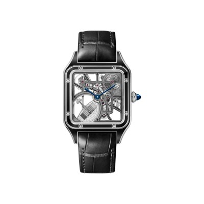 Montre squelette Santos-Dumont équipée d’un micro-rotor de Cartier Grand modèle, mouvement automatique squelette, acier, laque, 2 bracelets cuir
