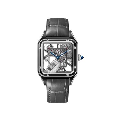 Montre squelette Santos-Dumont équipée d’un micro-rotor de Cartier Grand modèle, mouvement automatique squelette, acier, laque, 2 bracelets cuir