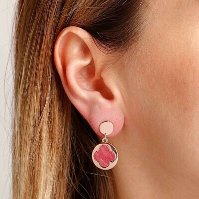 Boucles d'oreilles pendantes Bronzallure Alba Trèfle à quatre feuilles en métal doré rose à l'or fin 18 carats et quartzite rouge