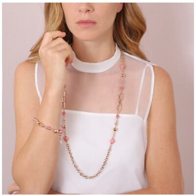 Collier Bronzallure maillons rectangulaires en métal doré rose à l'or fin 18 carats et quartz