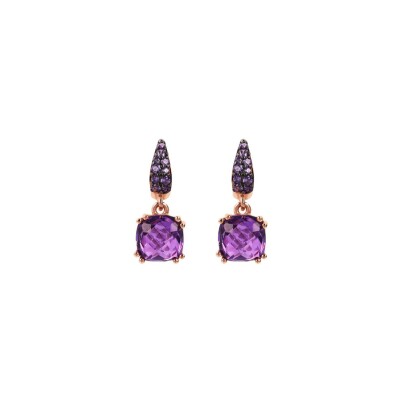 Boucles d'oreilles pendantes Bronzallure en métal doré rose à l'or fin 18 carats et pierres naturelles violettes