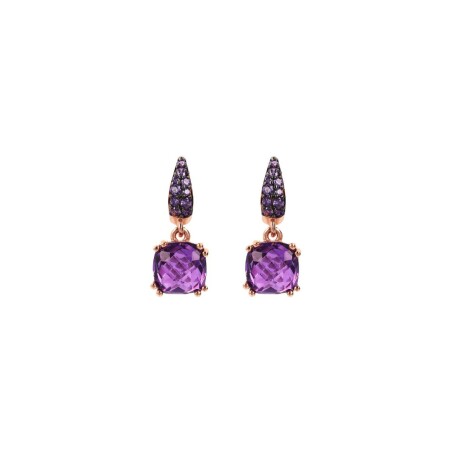 Boucles d'oreilles pendantes Bronzallure en métal doré rose à l'or fin 18 carats et pierres naturelles violettes