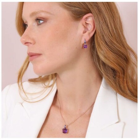 Boucles d'oreilles pendantes Bronzallure en métal doré rose à l'or fin 18 carats et pierres naturelles violettes