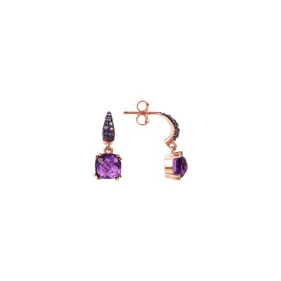 Boucles d'oreilles pendantes Bronzallure en métal doré rose à l'or fin 18 carats et pierres naturelles violettes