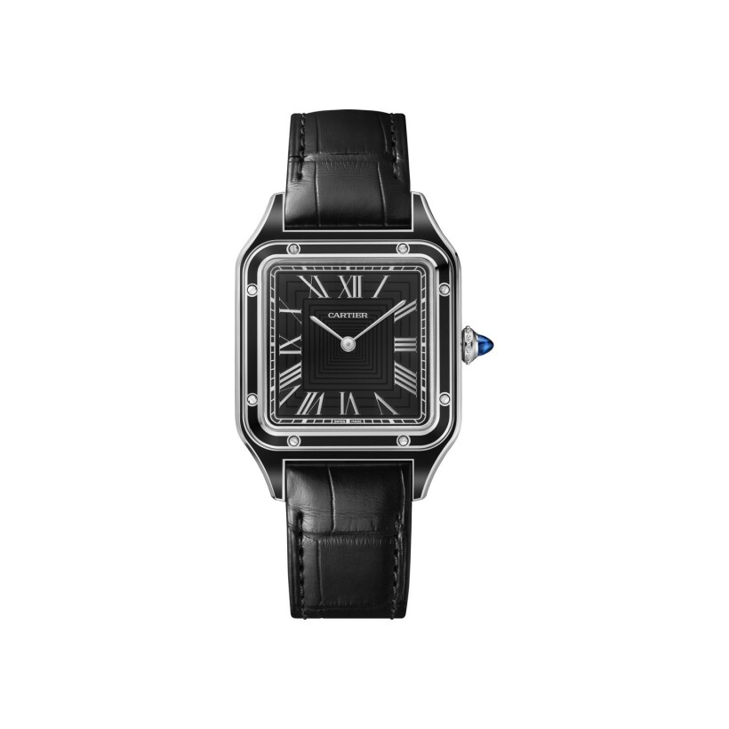 Cartier Santos-Dumont watch, large model, mechanical movement with manual winding, steel, lacquer, leather
