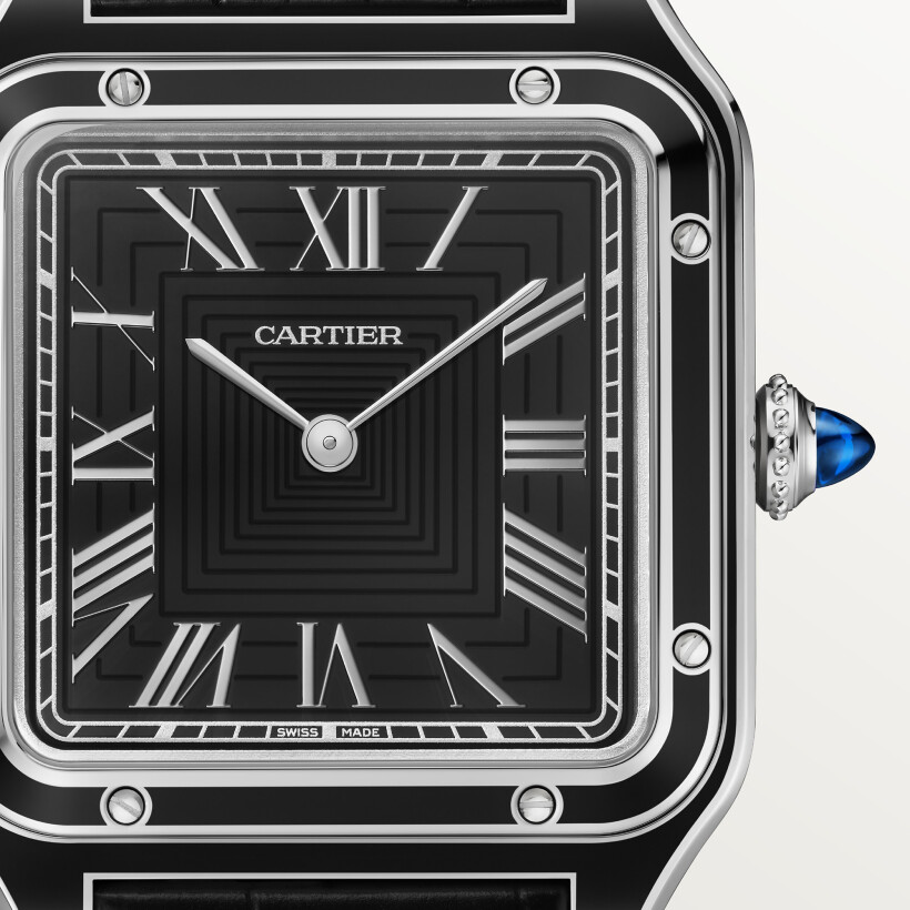 Cartier Santos-Dumont watch, large model, mechanical movement with manual winding, steel, lacquer, leather