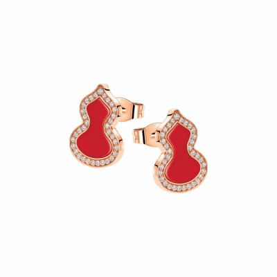 Boucles d'oreilles Qeelin Wulu goujouns en or rose, diamants et agates rouges