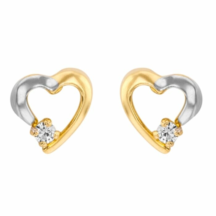 Boucles d'oreilles puces cœurs en or jaune, or blanc et oxydes de zirconium