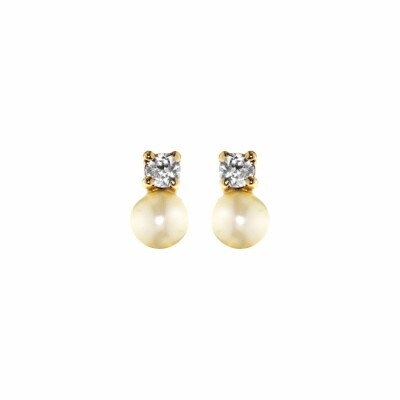 Boucles d'oreilles puces en or jaune, perles et oxydes de zirconium