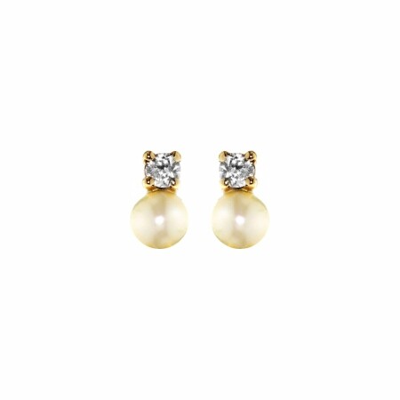 Boucles d'oreilles puces en or jaune, perles et oxydes de zirconium