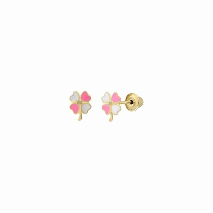 Boucles d'oreilles puces trèfles roses et blancs en or jaune