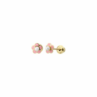 Boucles d'oreilles puces fleurs roses en or jaune et perles