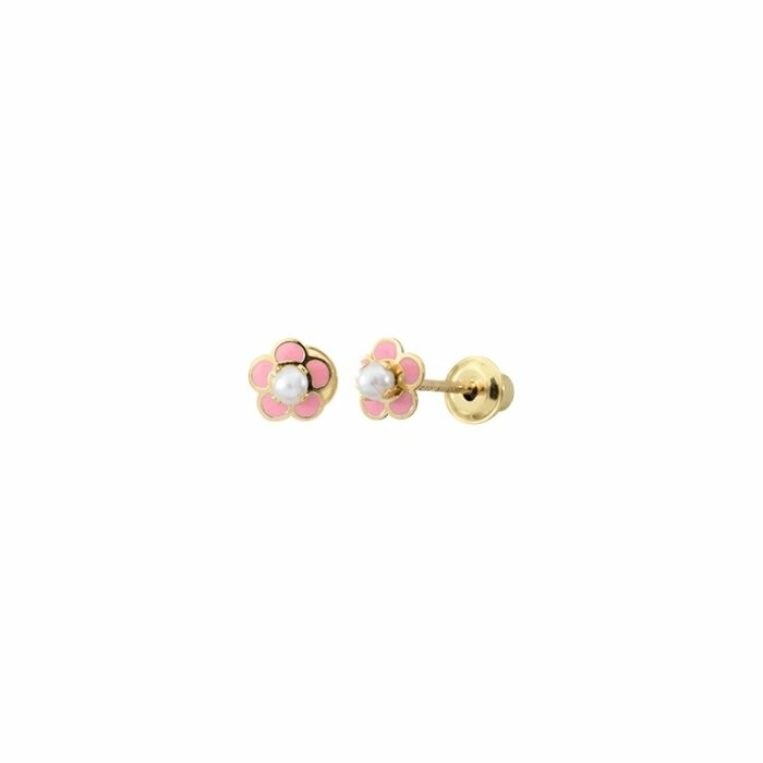 Boucles d'oreilles puces fleurs roses en or jaune et perles