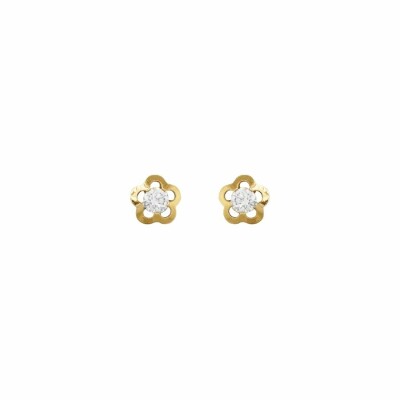 Boucles d'oreilles puces fleurs en or jaune et oxydes de zirconium