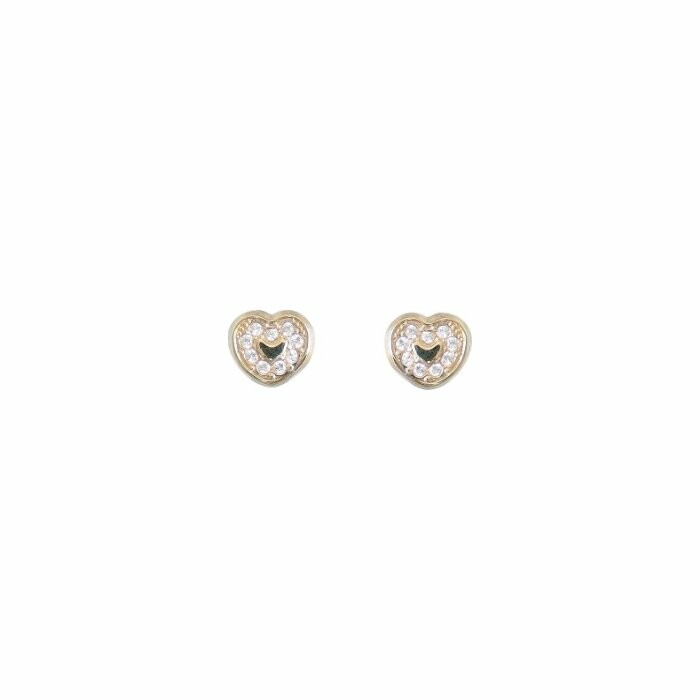 Boucles d'oreilles puces cœurs en or jaune et oxydes de zirconium