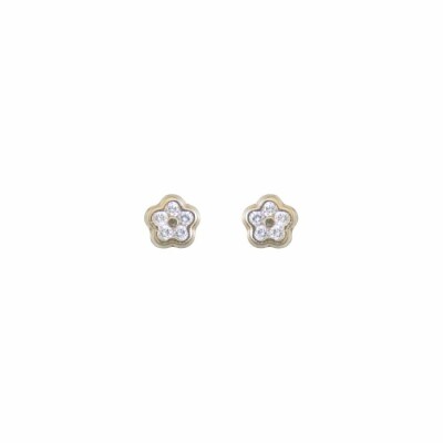 Boucles d'oreilles puces fleurs en or jaune et oxydes de zirconium