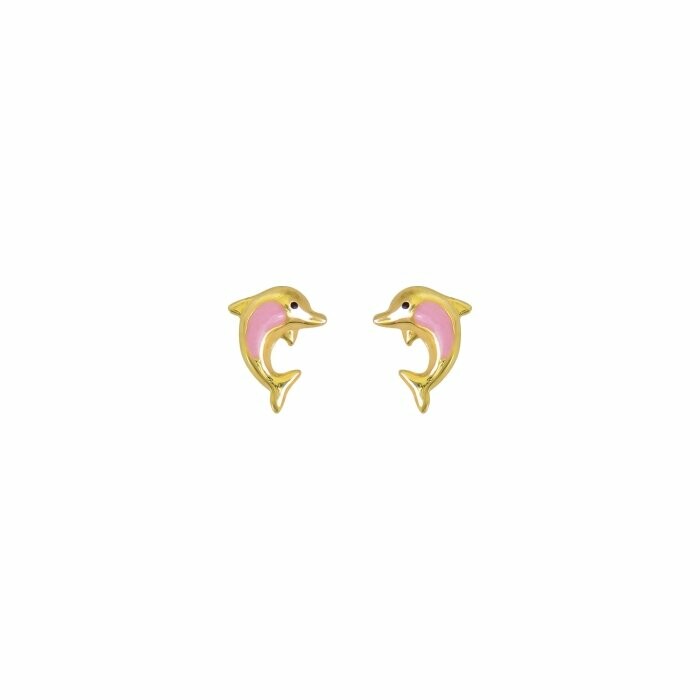 Boucles d'oreilles puces dauphins roses en or jaune