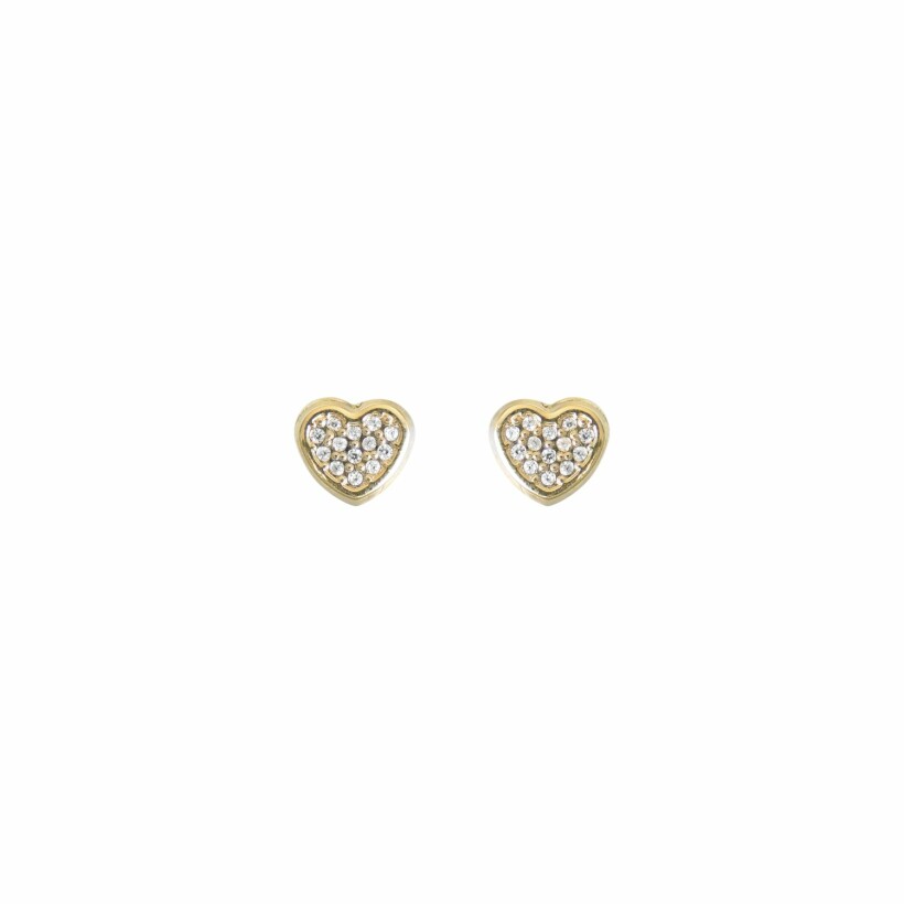 Boucles d'oreilles puces cœurs en or jaune et oxydes de zirconium