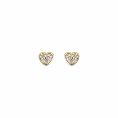 Boucles d'oreilles puces cœurs en or jaune et oxydes de zirconium