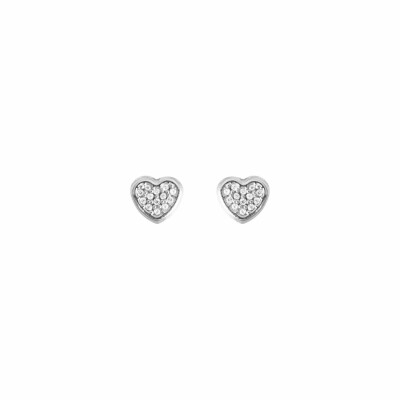 Boucles d'oreilles puces cœurs en or blanc et oxydes de zirconium