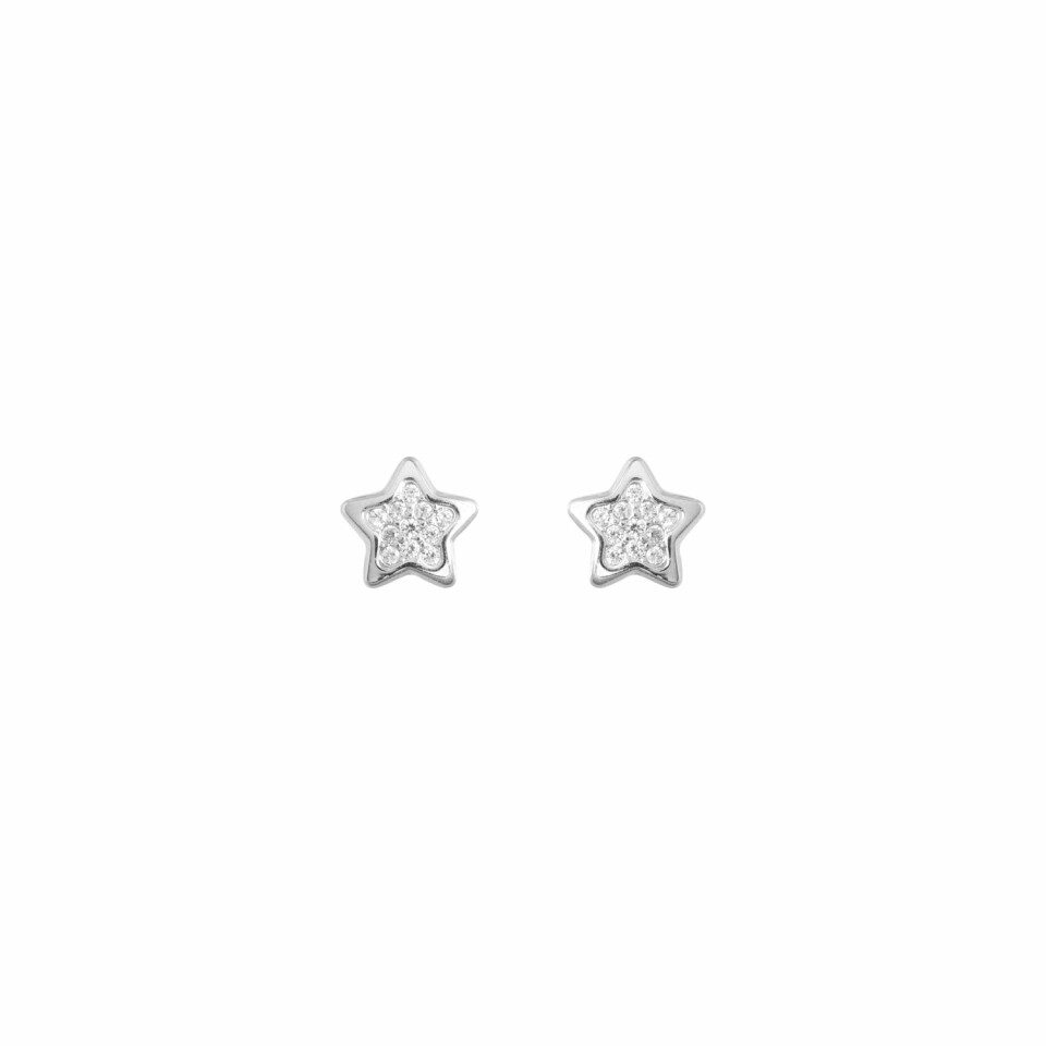 Boucles d'oreilles puces étoiles en or blanc et oxydes de zirconium