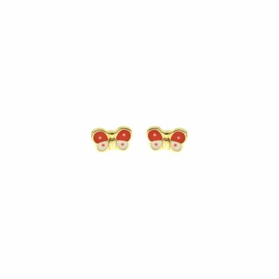 Boucles d'oreilles puces papillons rouges et blancs en or jaune