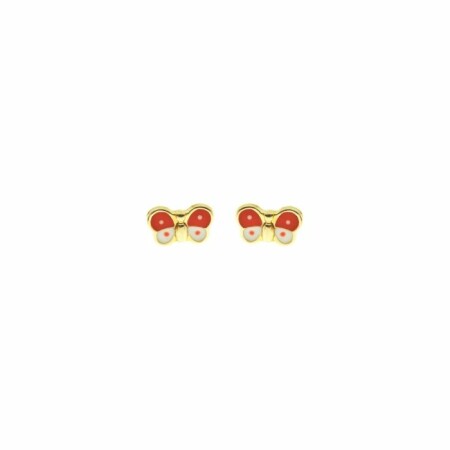 Boucles d'oreilles puces papillons rouges et blancs en or jaune