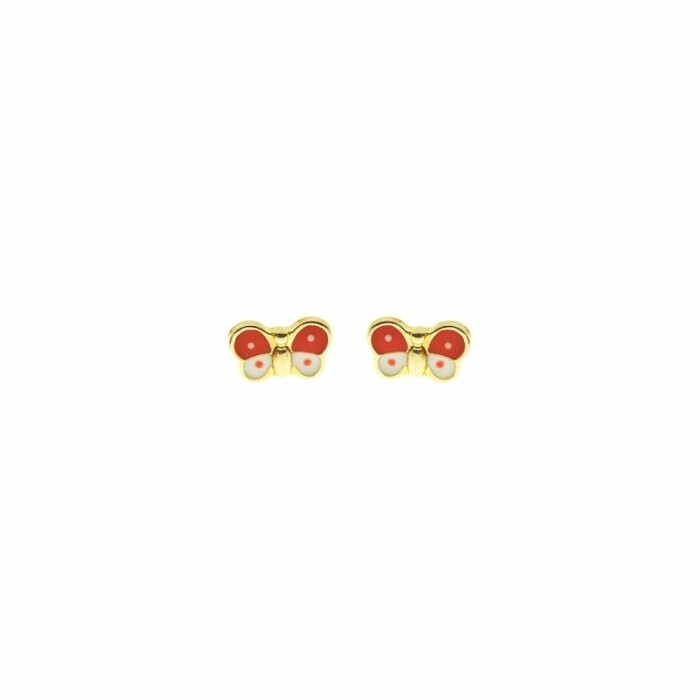 Boucles d'oreilles puces papillons rouges et blancs en or jaune