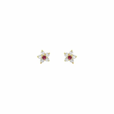 Boucles d'oreilles puces en or jaune et rubis